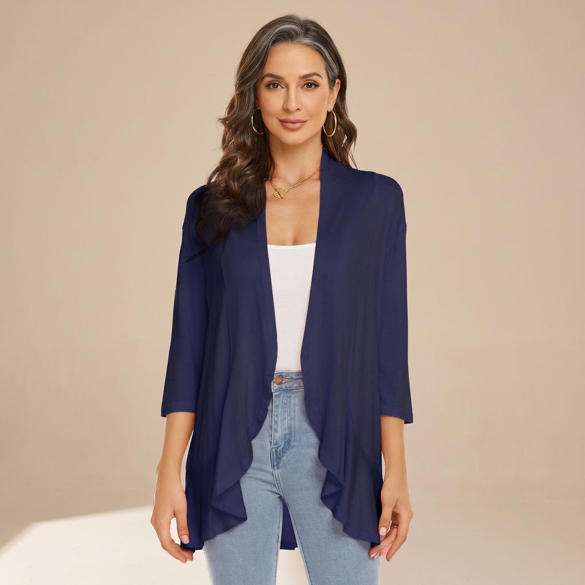 Women's Waterfall-Front Light Cardigan for Cool Summer Evenings - Navy