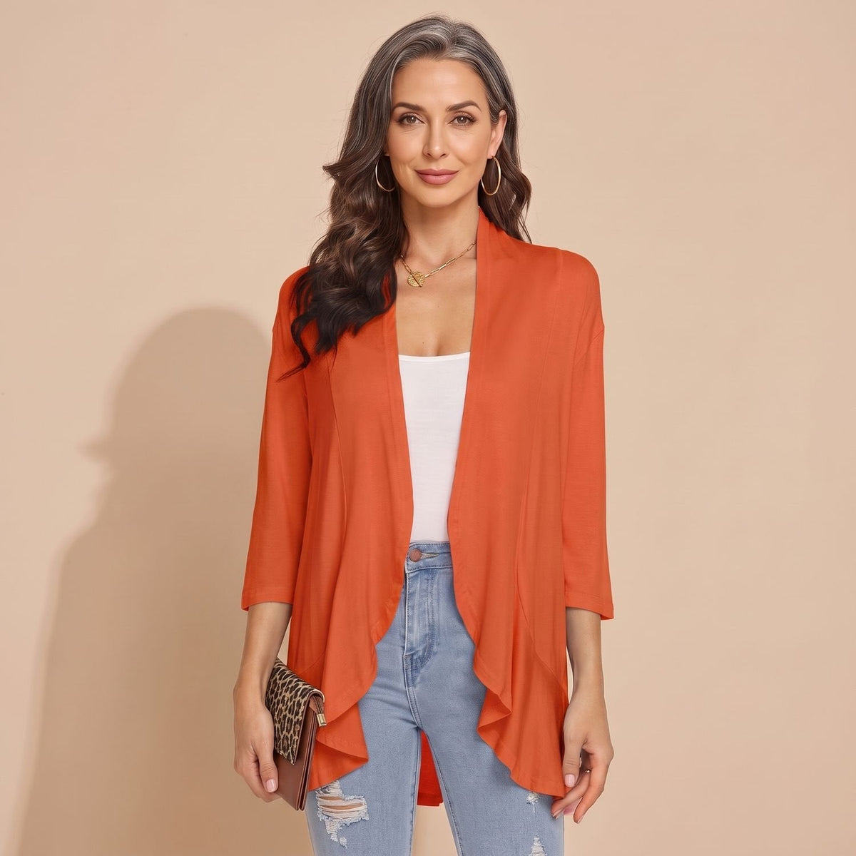 Women's Waterfall-Front Light Cardigan for Cool Summer Evenings - Orange Red