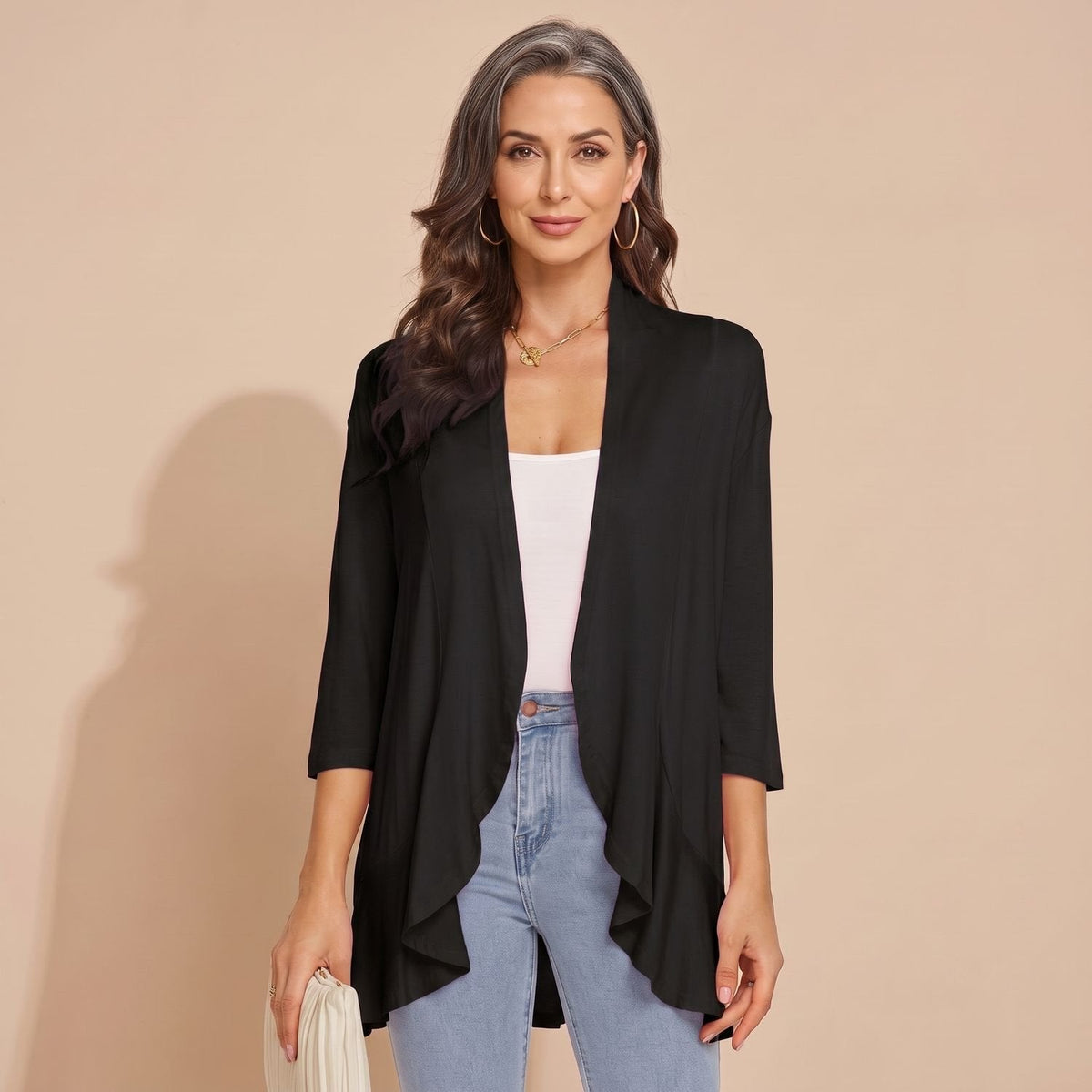 Women's Waterfall-Front Light Cardigan for Cool Summer Evenings - Black