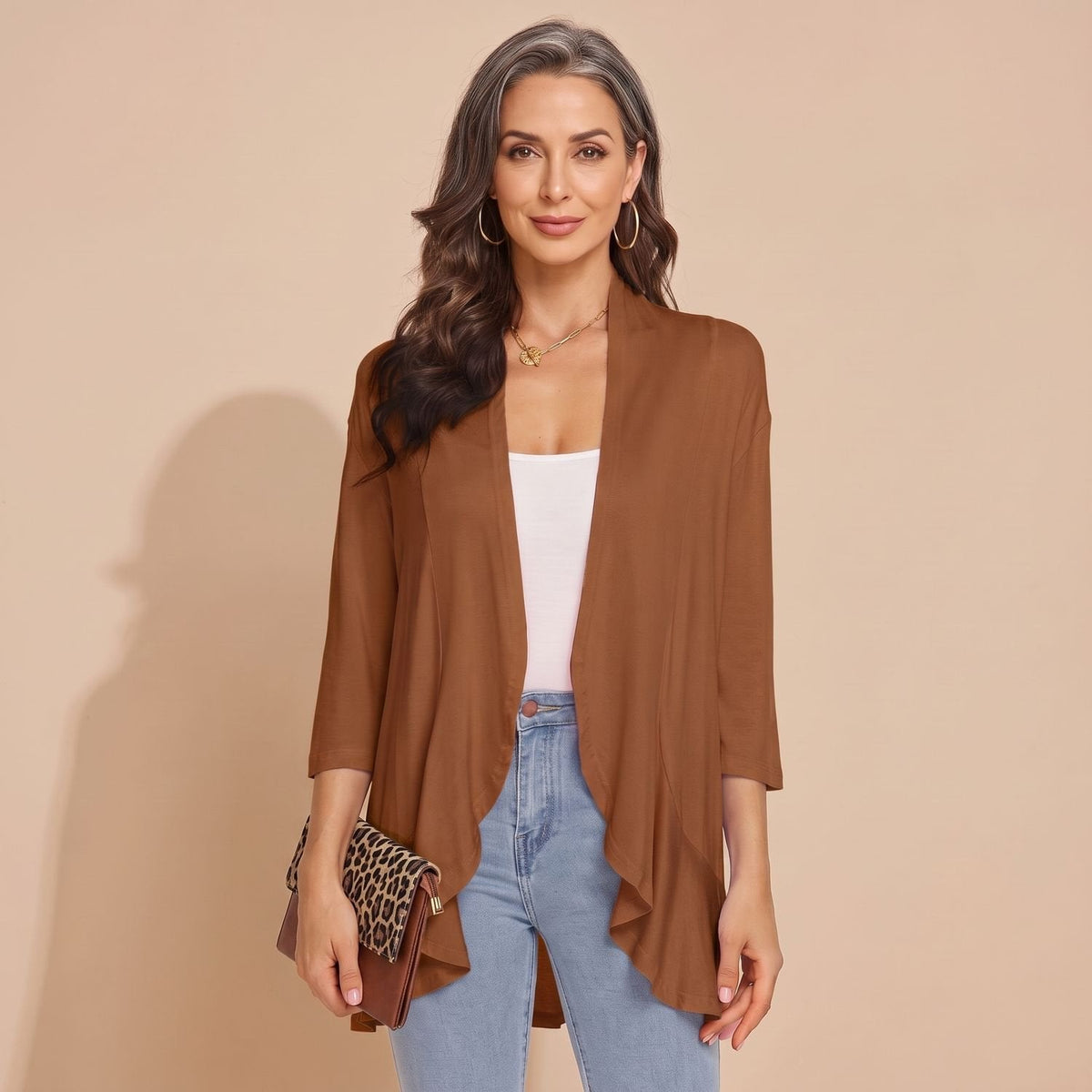 Women's Waterfall-Front Light Cardigan for Cool Summer Evenings - Brown