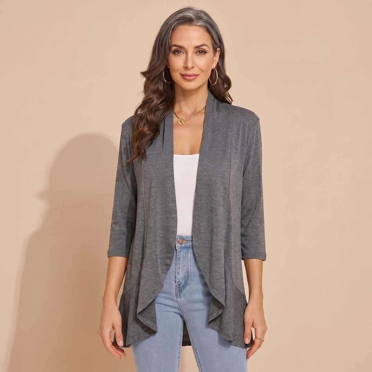 Women's Waterfall-Front Light Cardigan for Cool Summer Evenings - Grey
