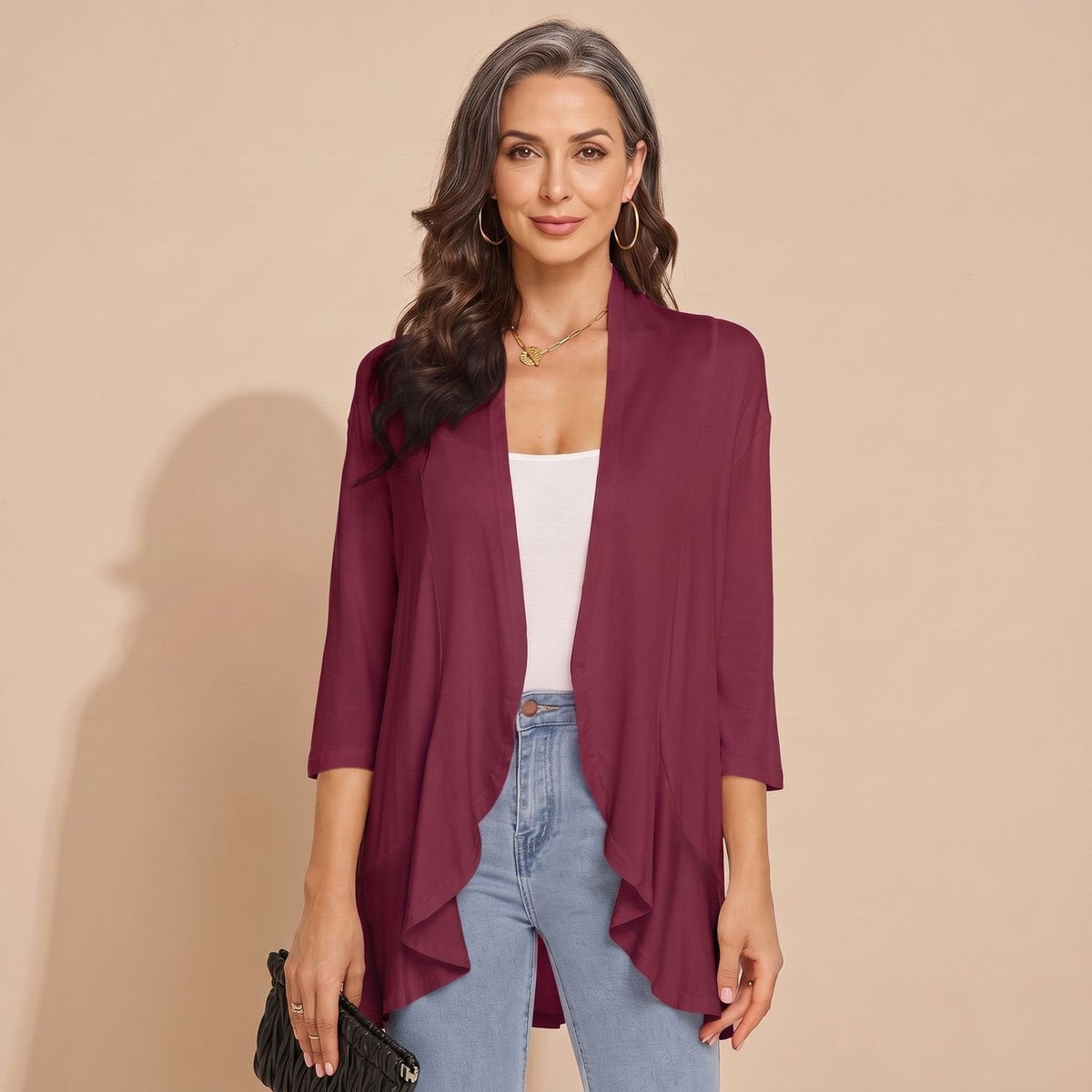 Women's Waterfall-Front Light Cardigan for Cool Summer Evenings - Burgundy