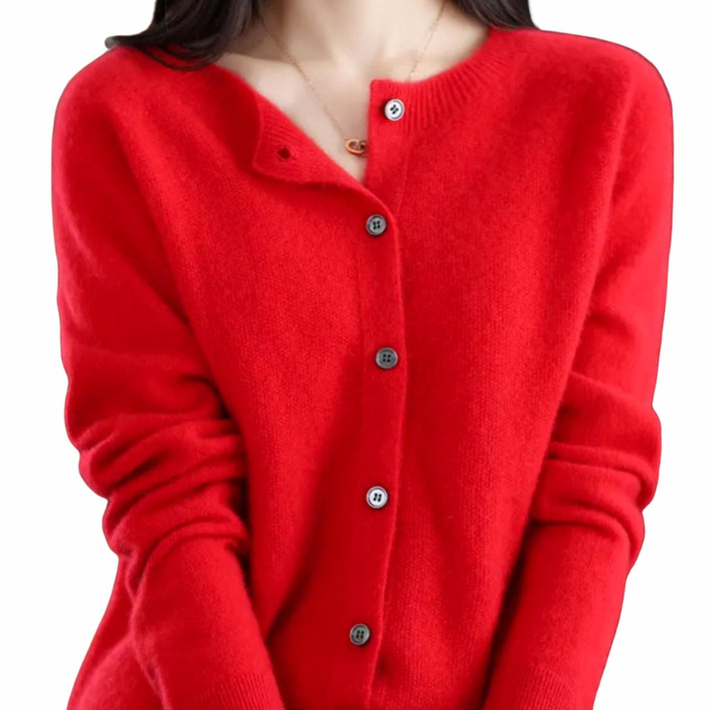 Women's Single-Breasted Merino Wool Cardigan with Crew Neck