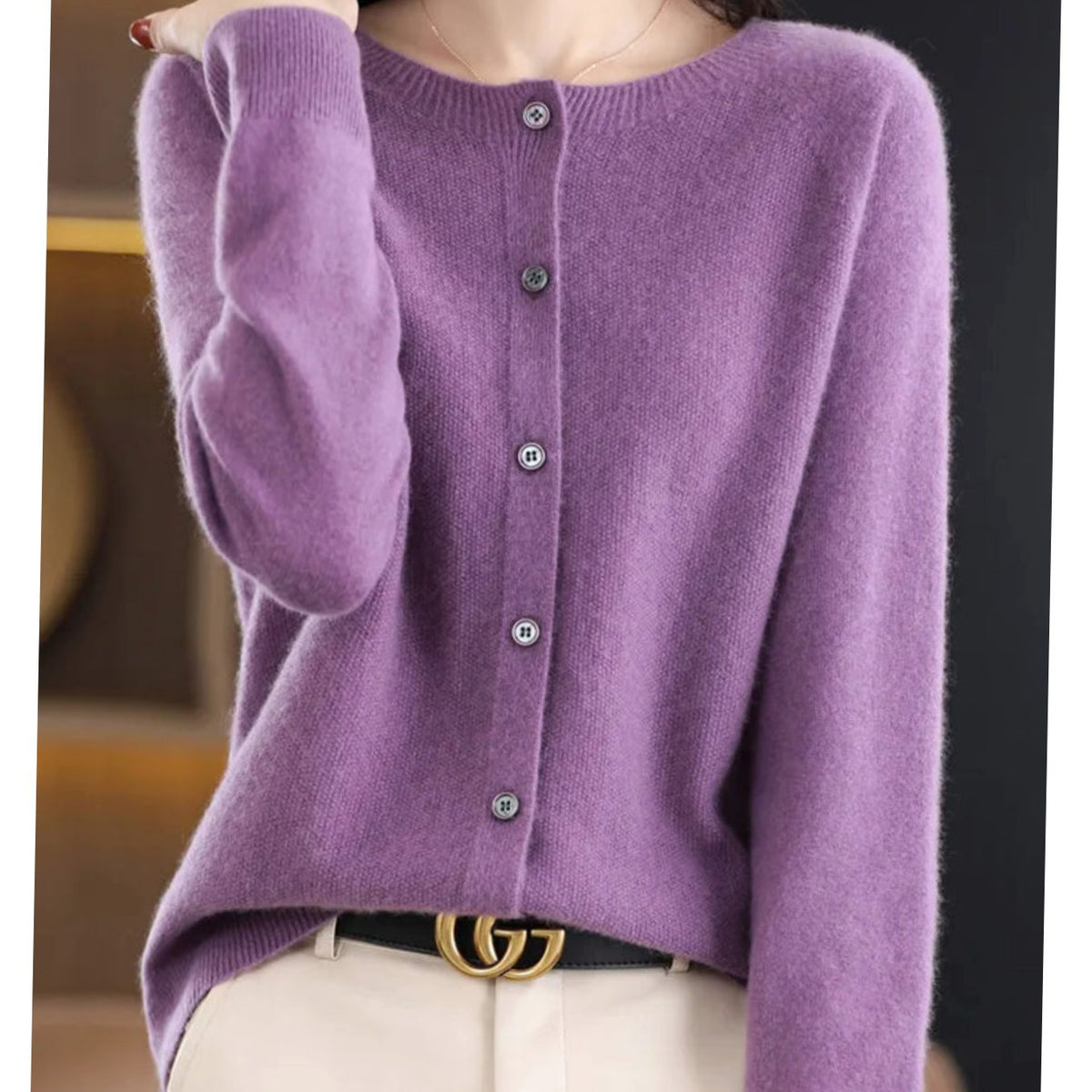 Women's Single-Breasted Merino Wool Cardigan with Crew Neck - Purple