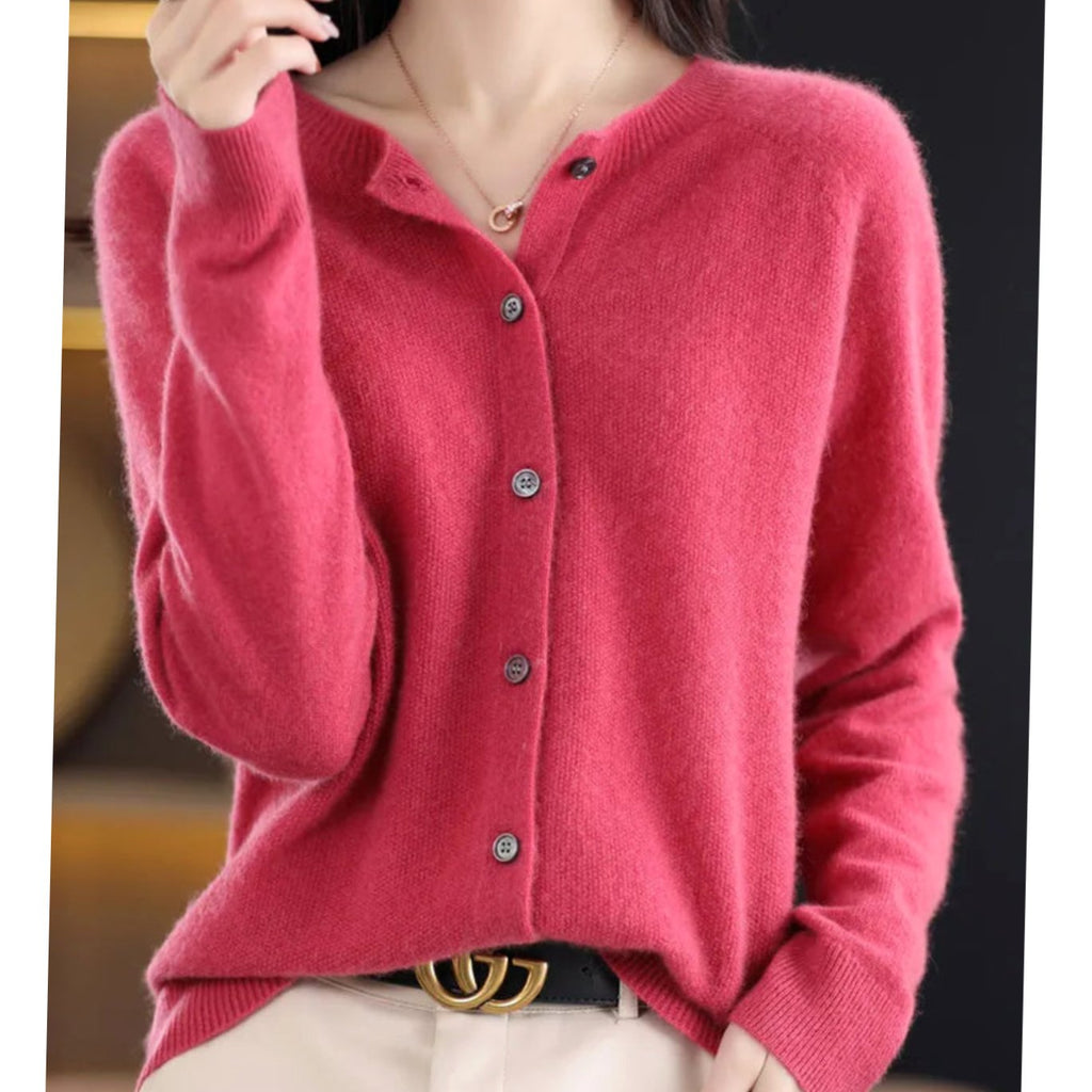 Women's Single-Breasted Merino Wool Cardigan with Crew Neck - Dark Pink