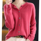 Women's Single-Breasted Merino Wool Cardigan with Crew Neck - Dark Pink