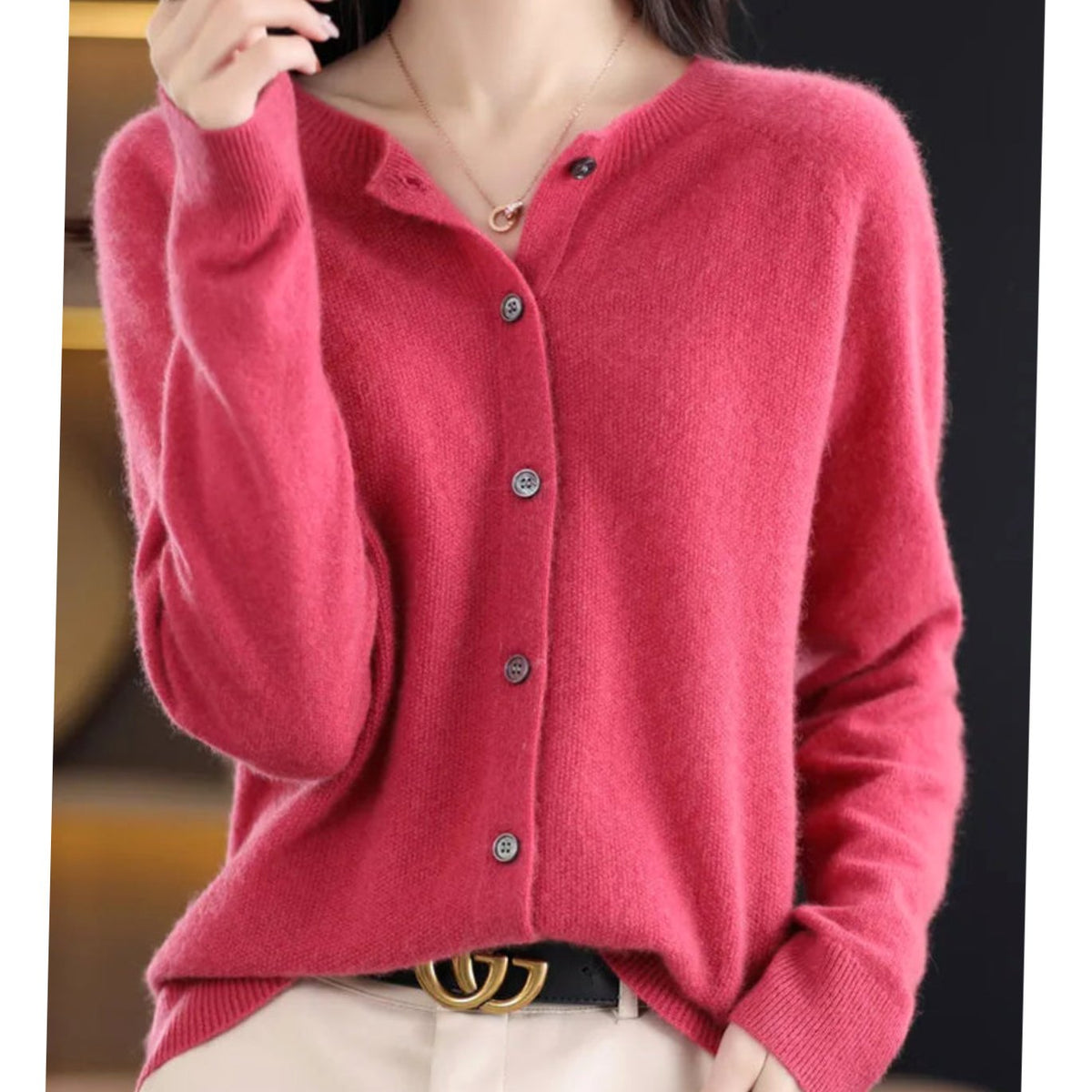Women's Single-Breasted Merino Wool Cardigan with Crew Neck - Dark Pink
