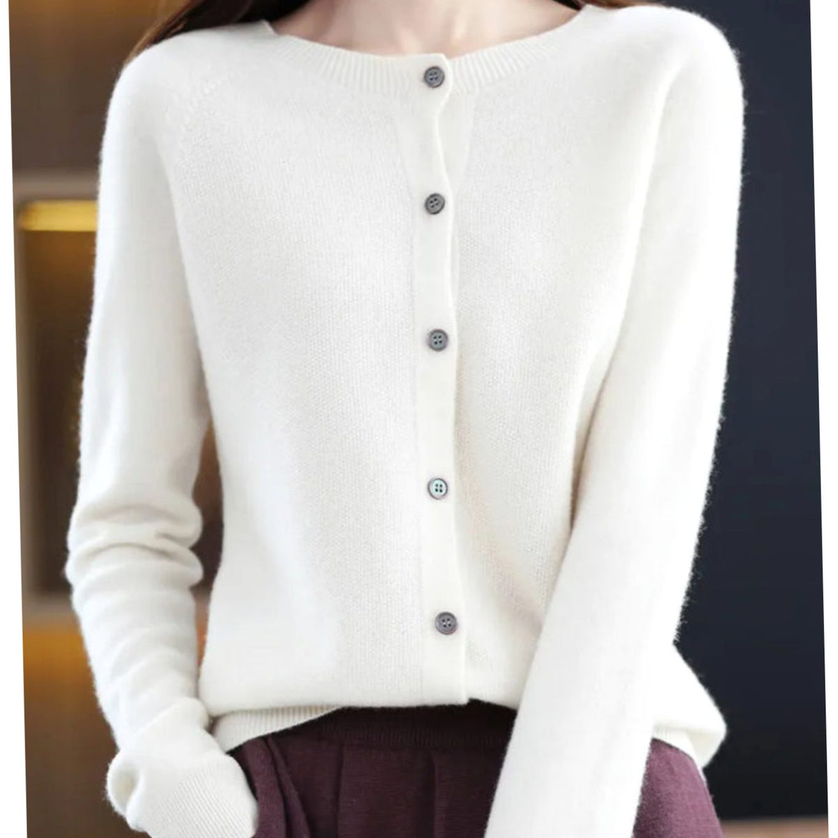 Women's Single-Breasted Merino Wool Cardigan with Crew Neck - White