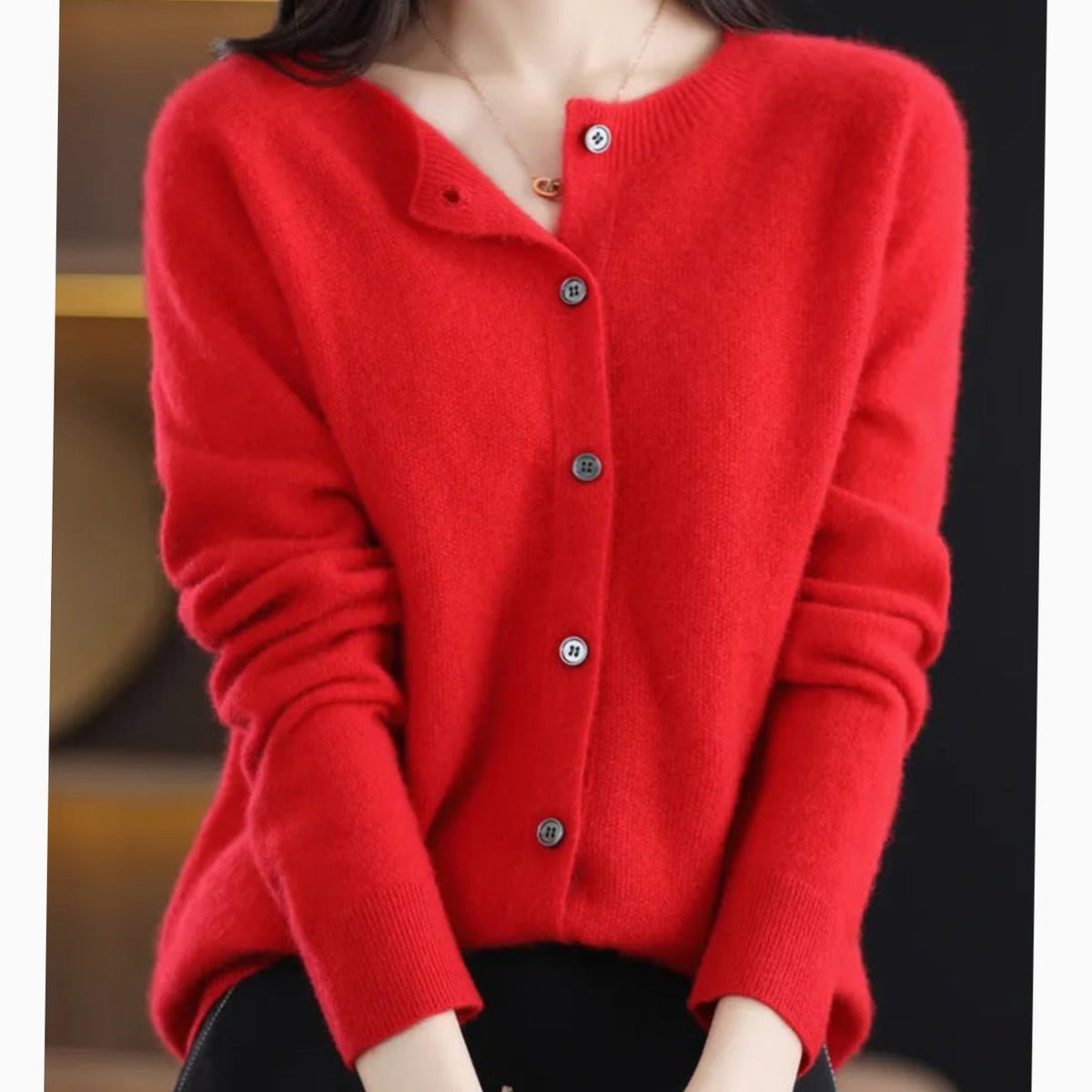 Women's Single-Breasted Merino Wool Cardigan with Crew Neck - Red
