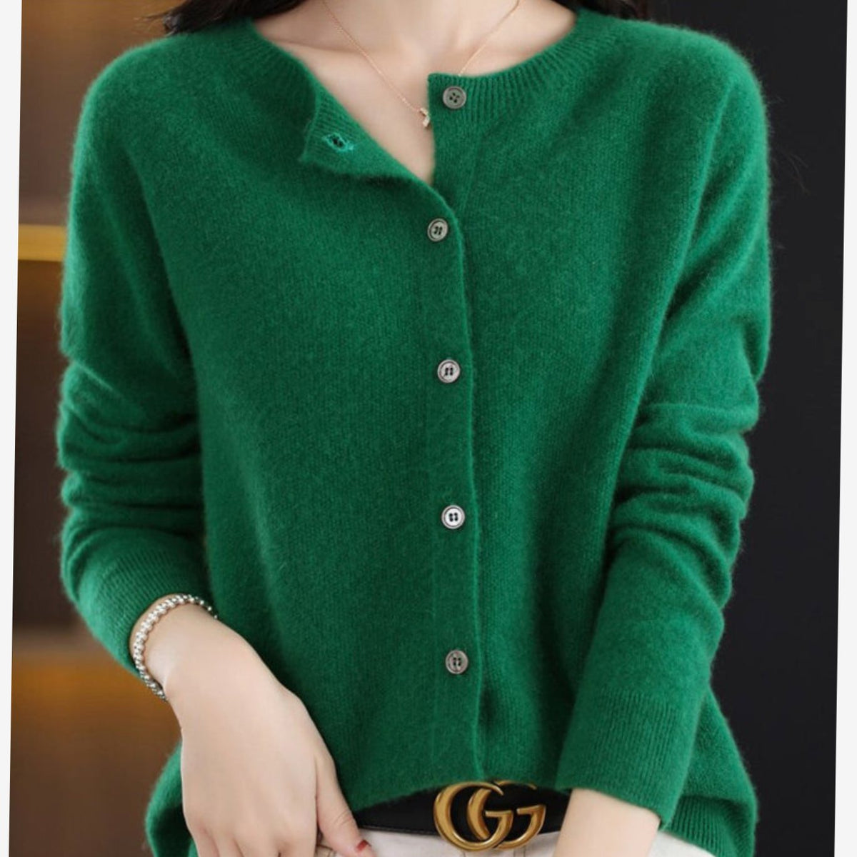 Women's Single-Breasted Merino Wool Cardigan with Crew Neck - Dark Green