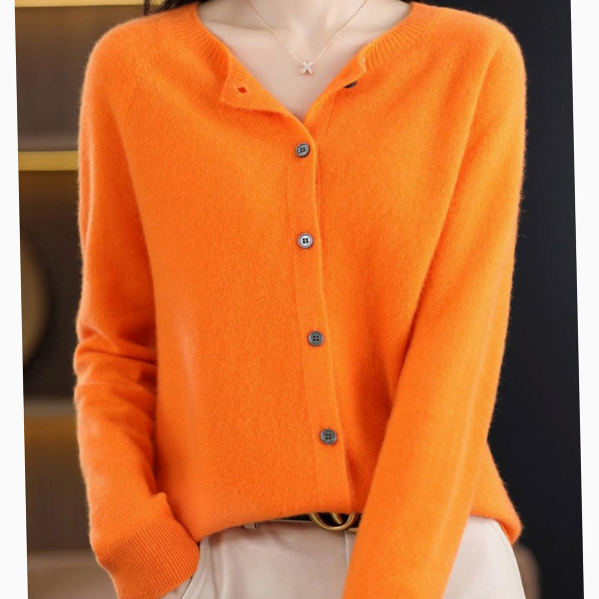 Women's Single-Breasted Merino Wool Cardigan with Crew Neck - Orange