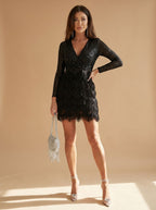 Women's Sequin Wrap-Front Mini Dress with Swinging Fringe Skirt