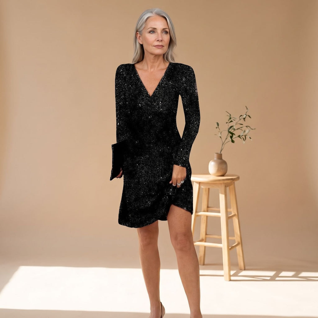 Women's Relaxed-Cut Sequin Above-Knee Dress with Long Sleeves - Black