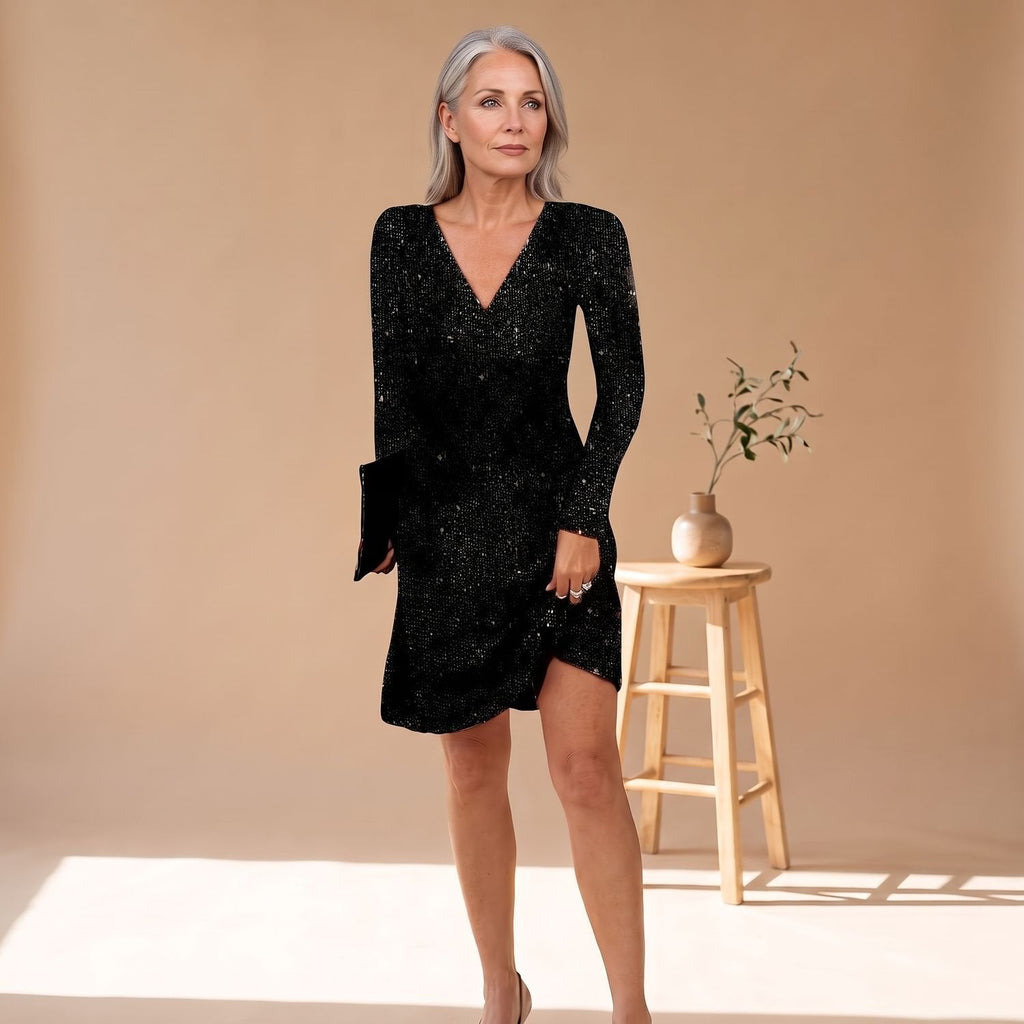 Women's Relaxed-Cut Sequin Above-Knee Dress with Long Sleeves