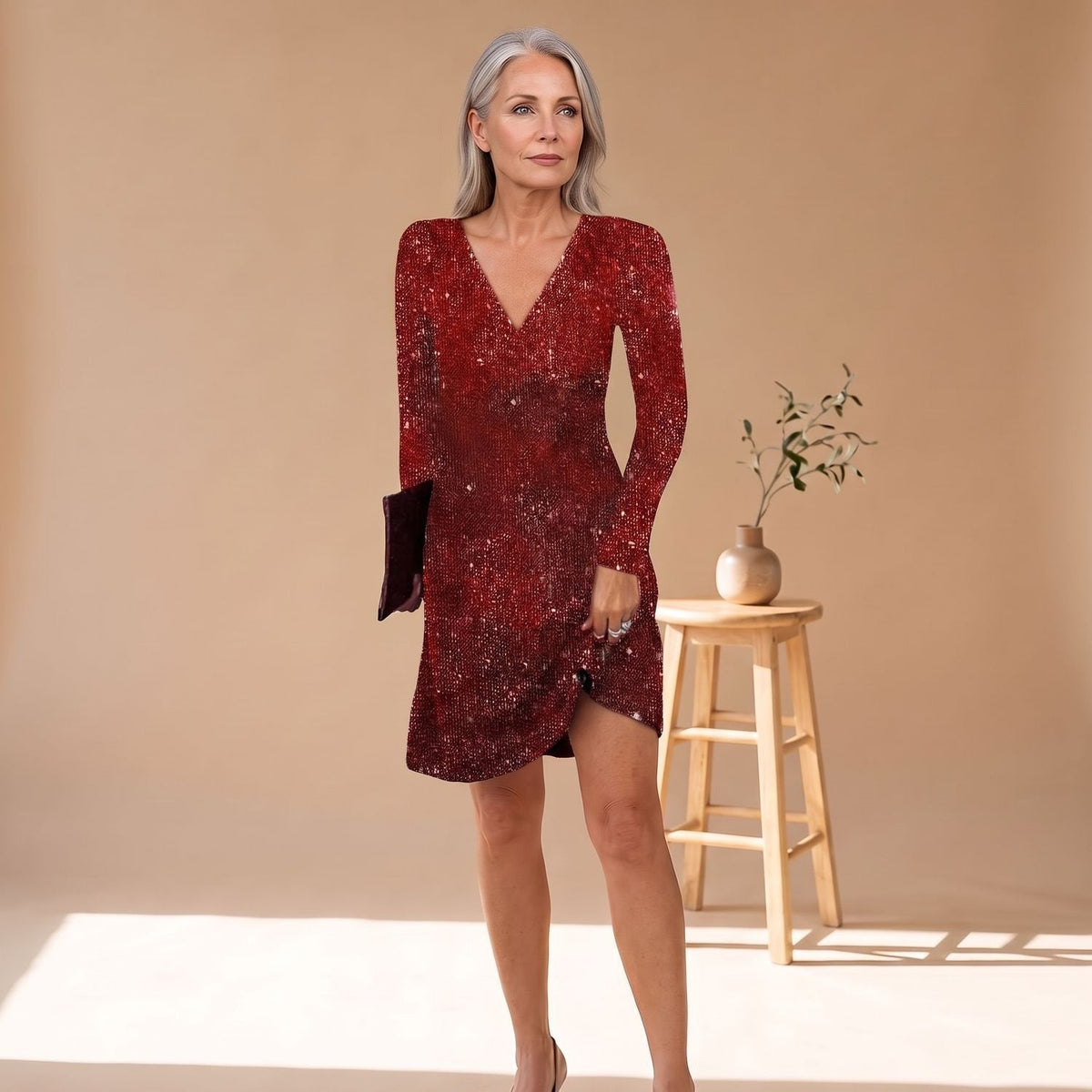 Women's Relaxed-Cut Sequin Above-Knee Dress with Long Sleeves