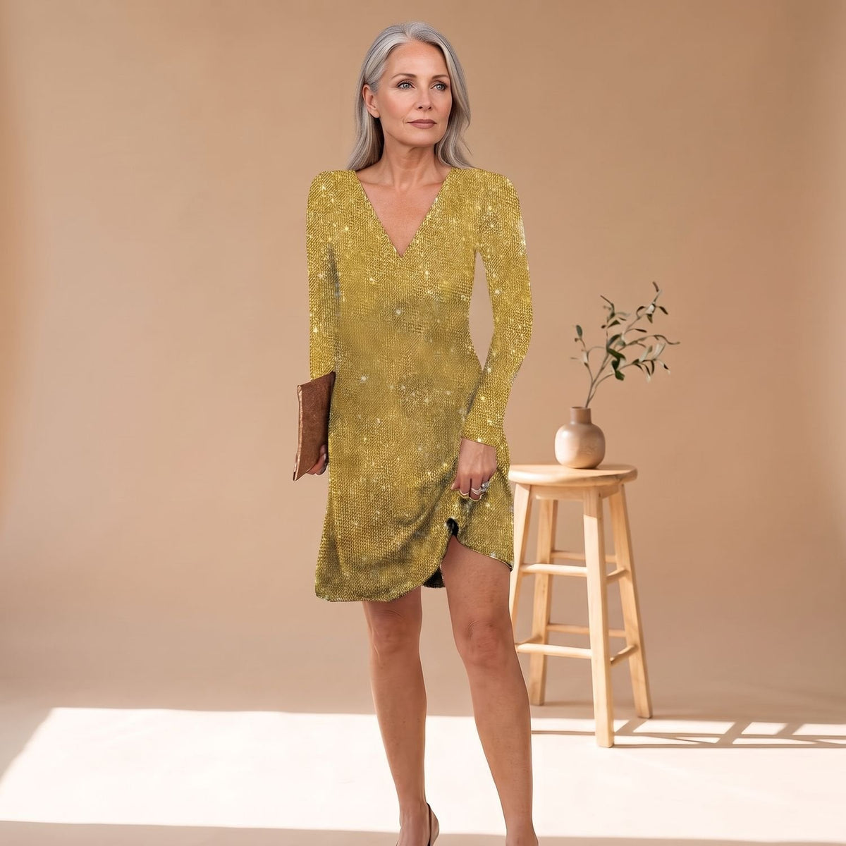Women's Relaxed-Cut Sequin Above-Knee Dress with Long Sleeves - Yellow