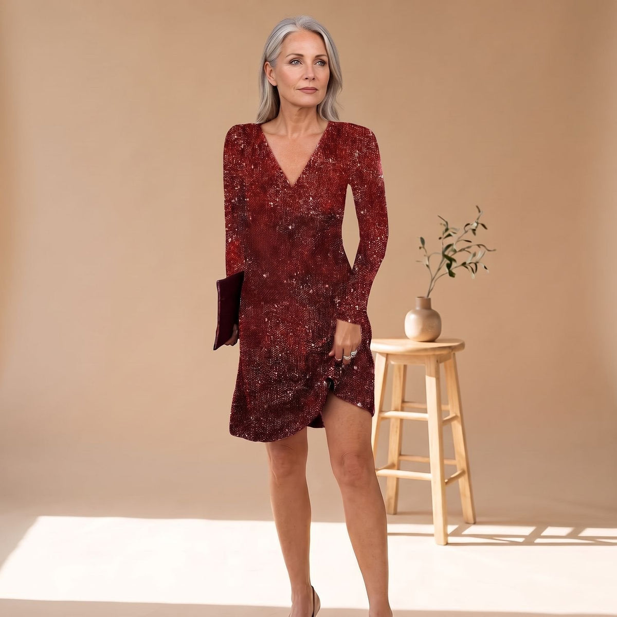 Women's Relaxed-Cut Sequin Above-Knee Dress with Long Sleeves - Red