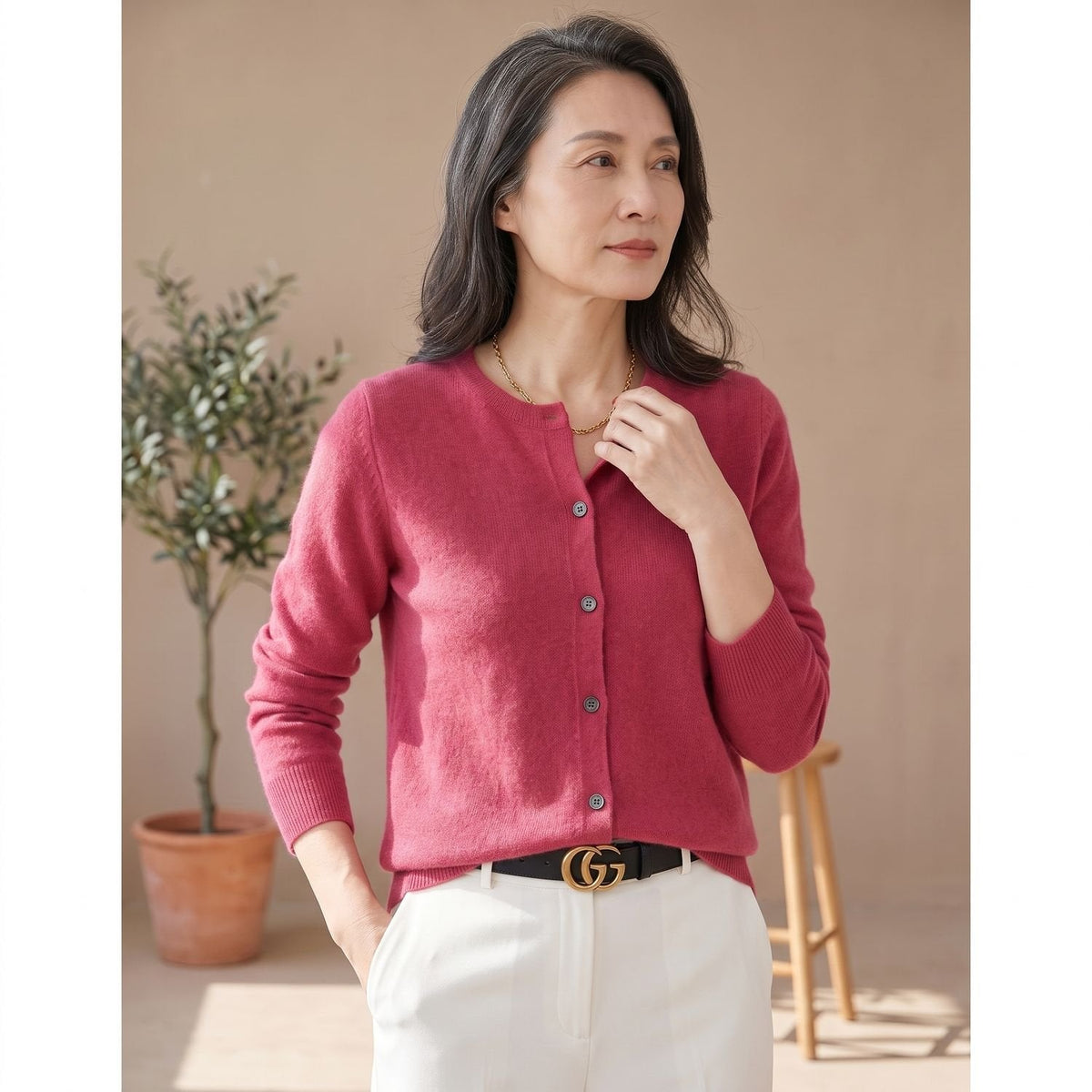 Women's Smooth Merino-Blend Knit Cardigan for Office Days - Hot Pink