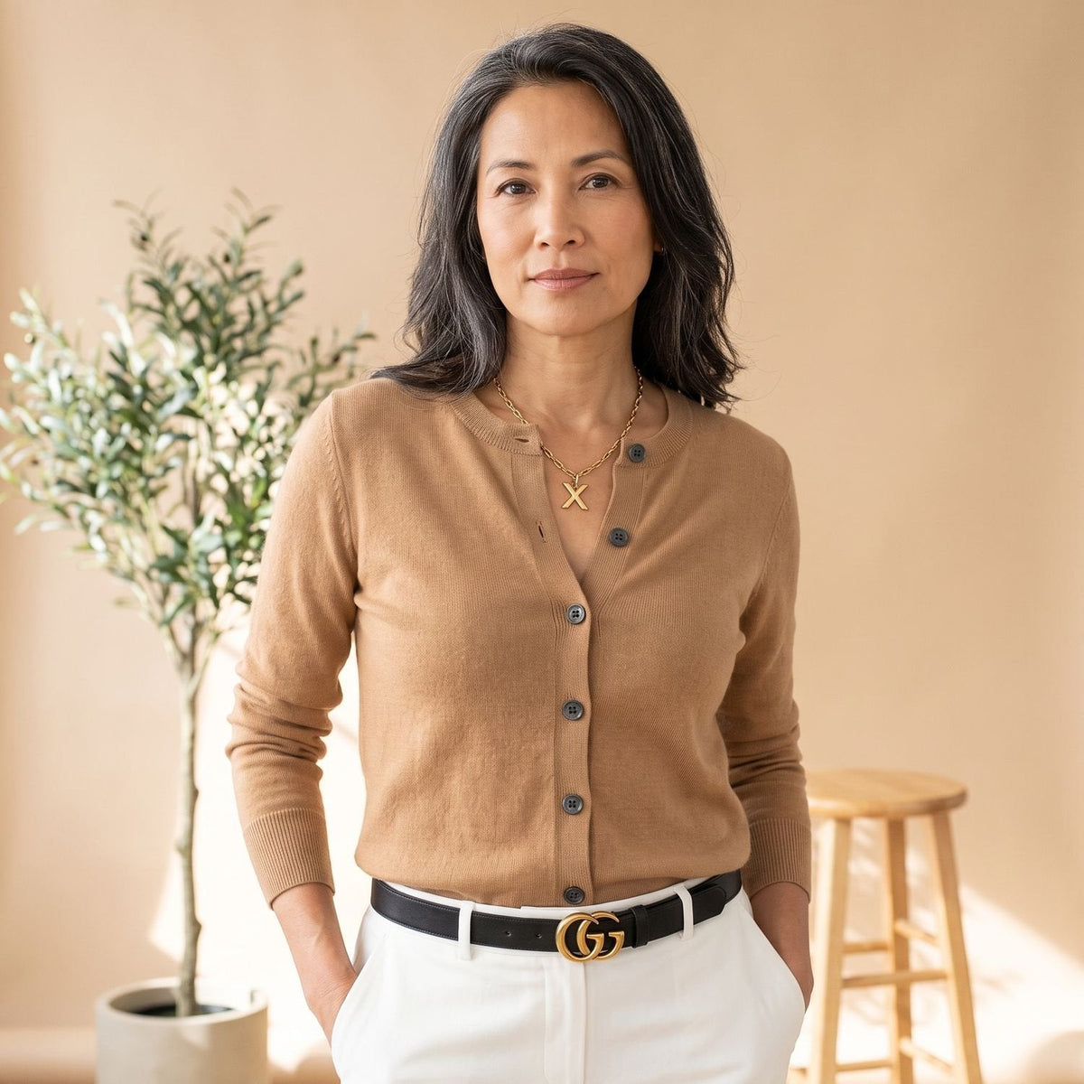 Women's Smooth Merino-Blend Knit Cardigan for Office Days - Light Brown
