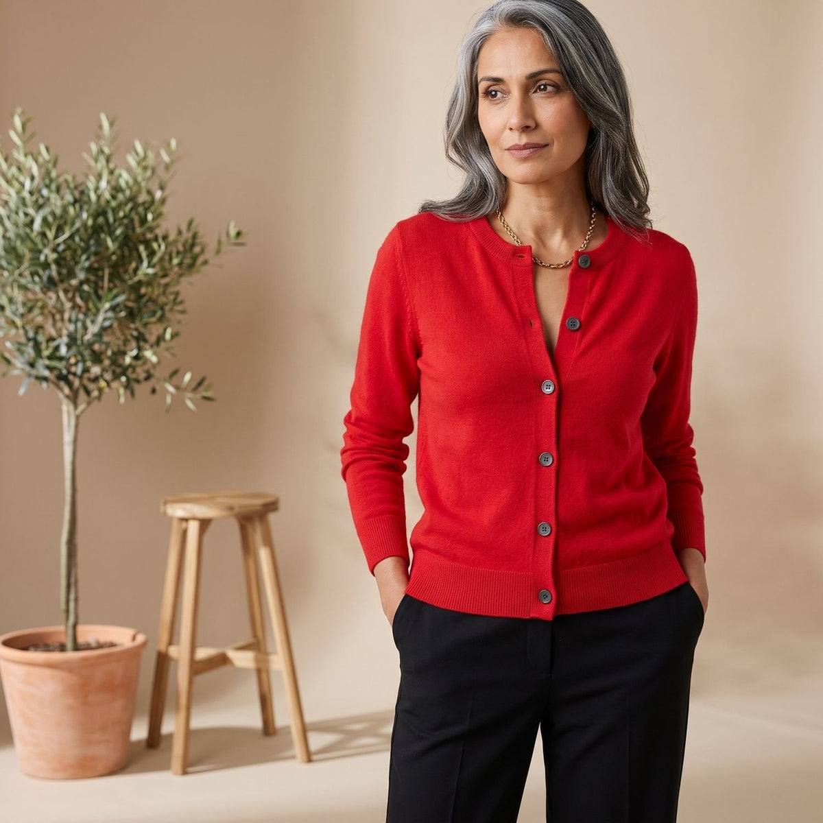 Women's Smooth Merino-Blend Knit Cardigan for Office Days - Red