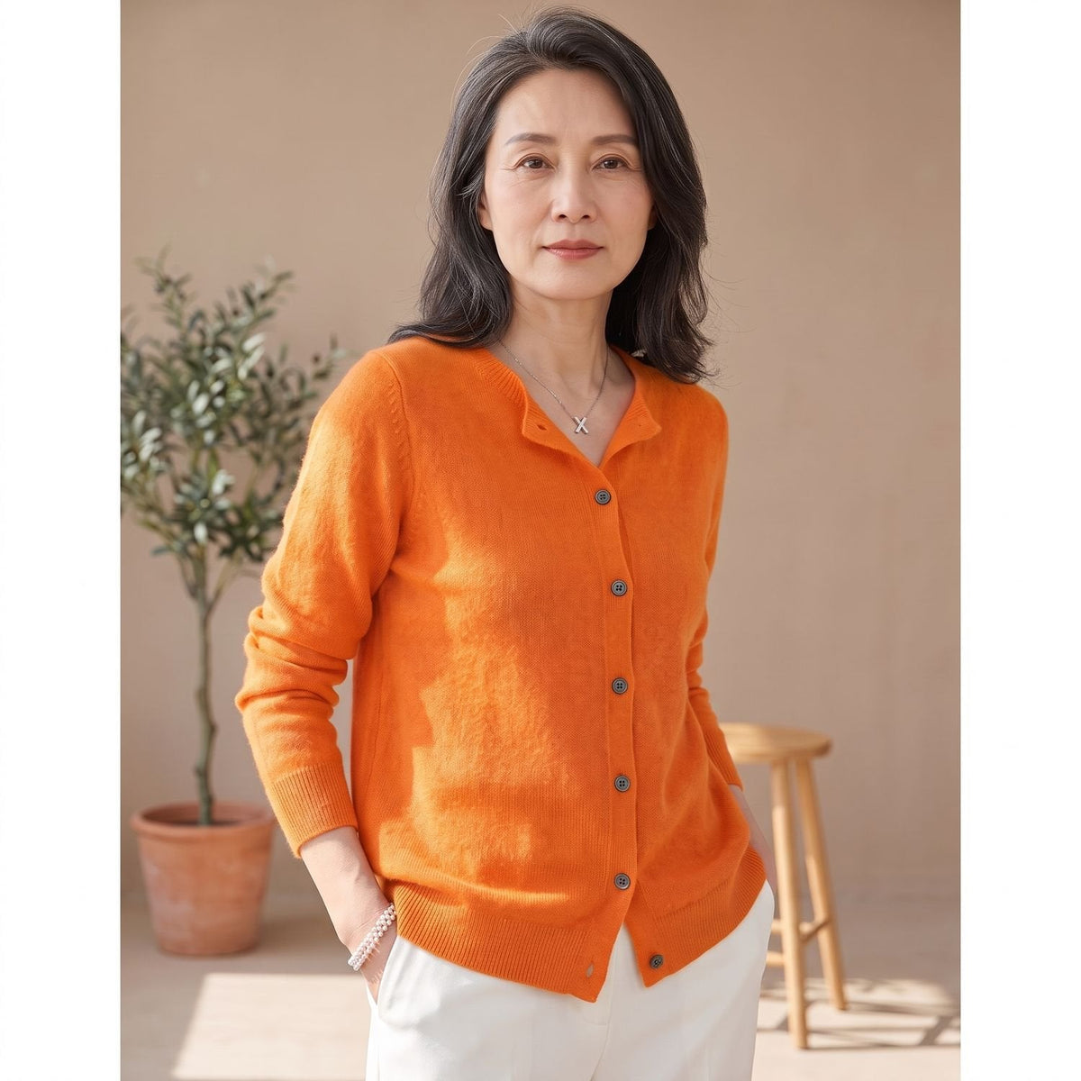 Women's Smooth Merino-Blend Knit Cardigan for Office Days - Orange