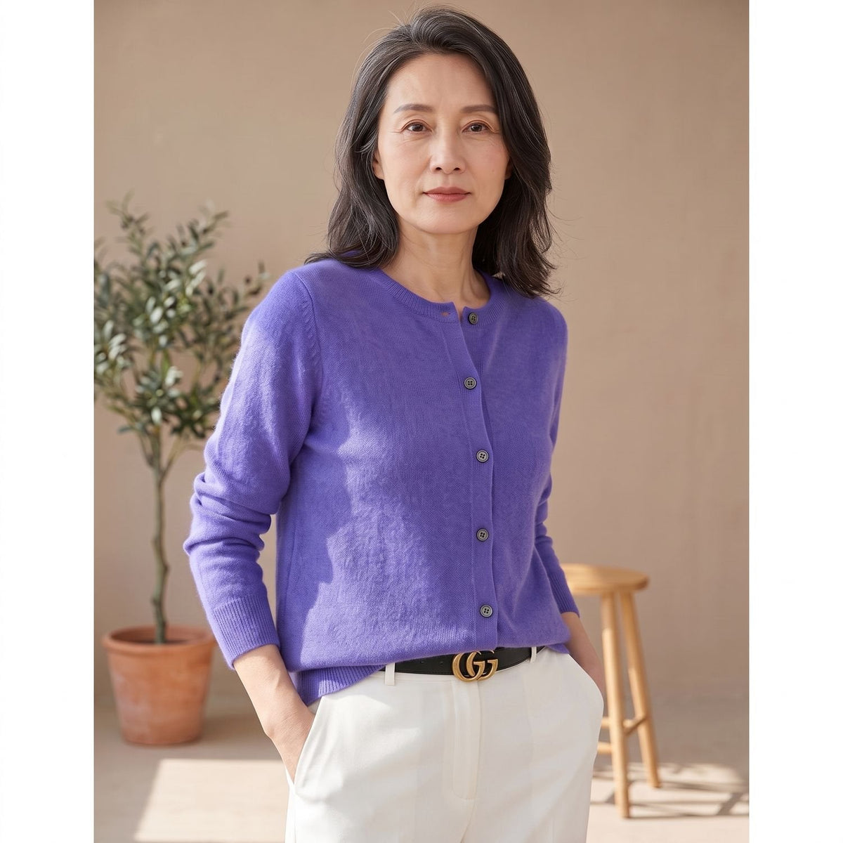 Women's Smooth Merino-Blend Knit Cardigan for Office Days - Purple