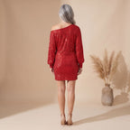 Women's Sparkling One-Shoulder Mini Dress with Ribbon Cuff