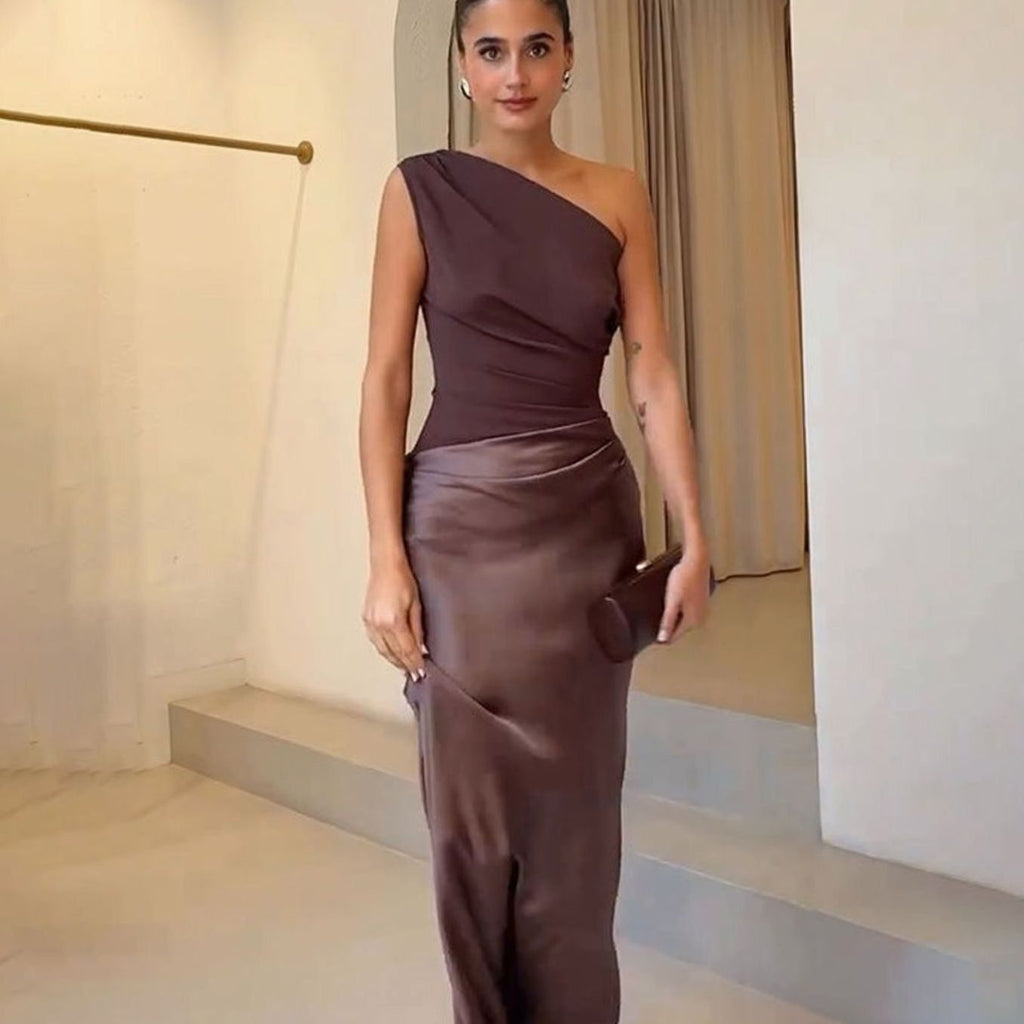 Women's Ruched One-Shoulder Faux Leather Evening Maxi Dress