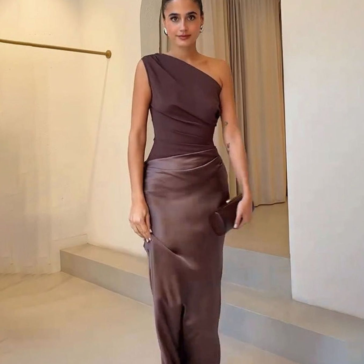 Women's Ruched One-Shoulder Faux Leather Evening Maxi Dress