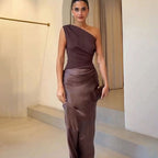Women's Ruched One-Shoulder Faux Leather Evening Maxi Dress - Dark Brown