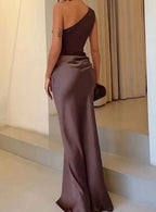 Women's Ruched One-Shoulder Faux Leather Evening Maxi Dress