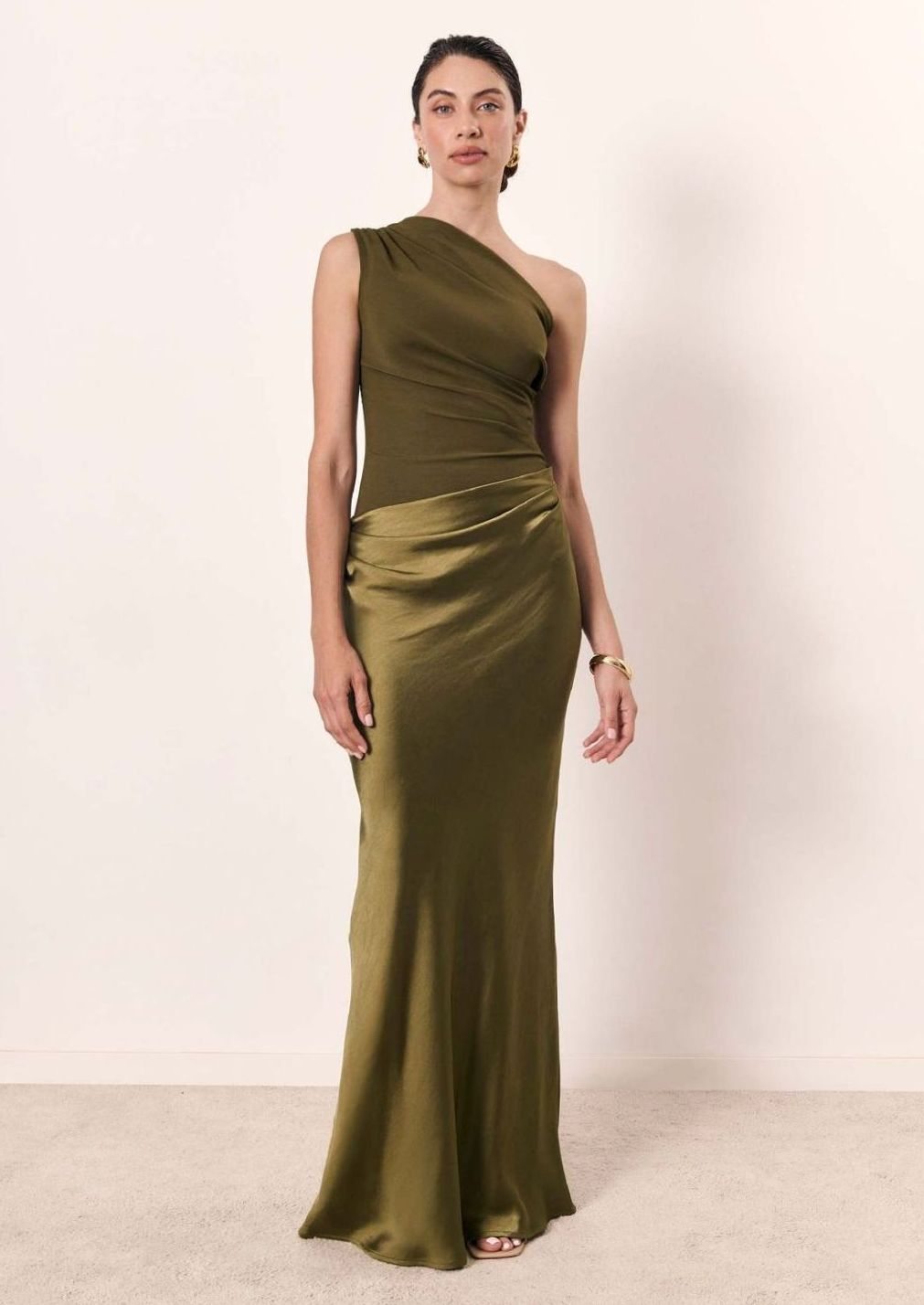 Women's Ruched One-Shoulder Faux Leather Evening Maxi Dress