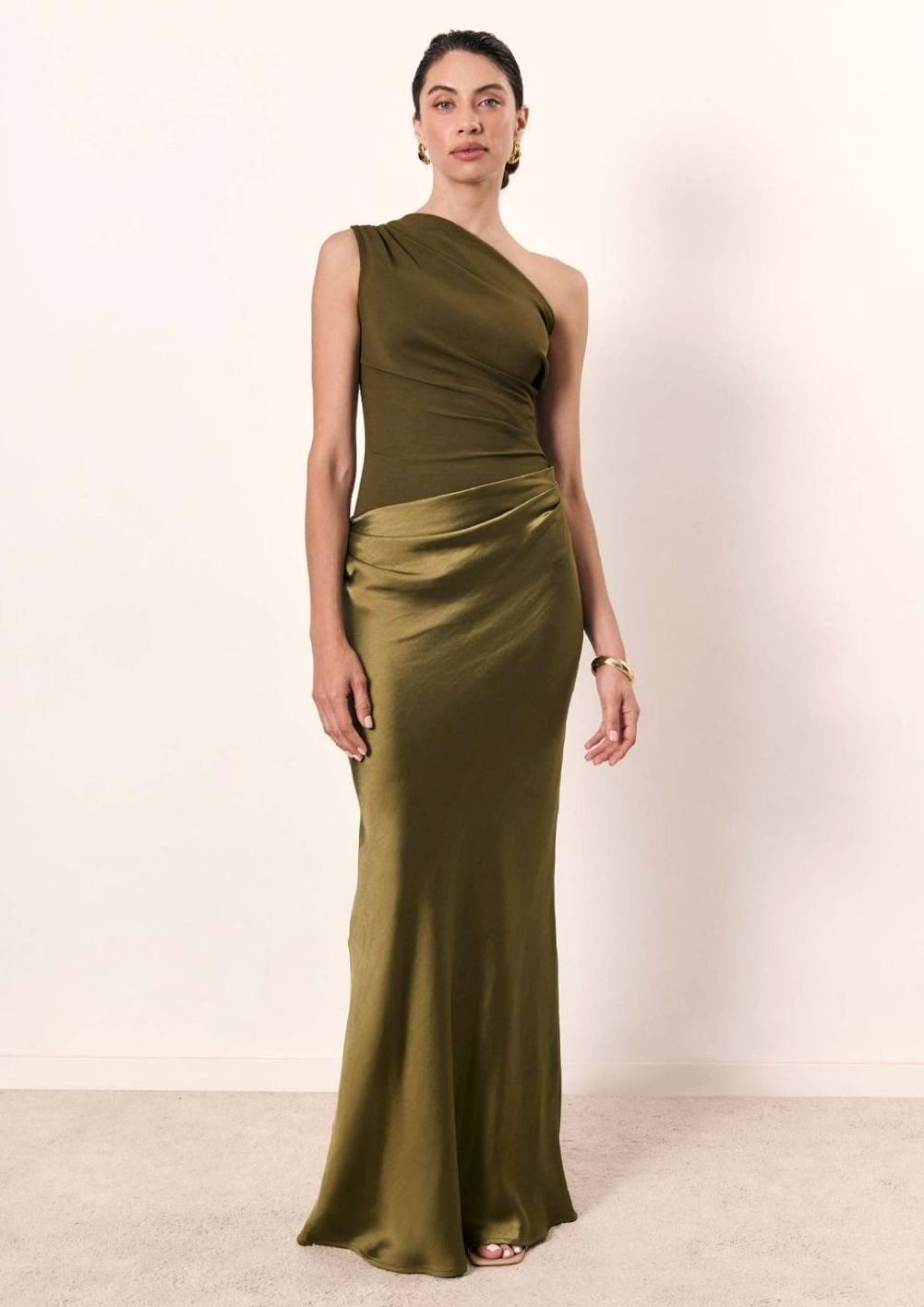 Women's Ruched One-Shoulder Faux Leather Evening Maxi Dress - Matcha
