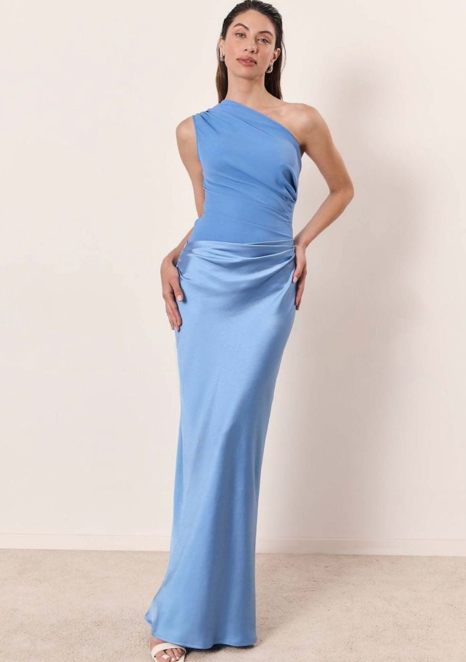 Women's Ruched One-Shoulder Faux Leather Evening Maxi Dress - Sky Blue