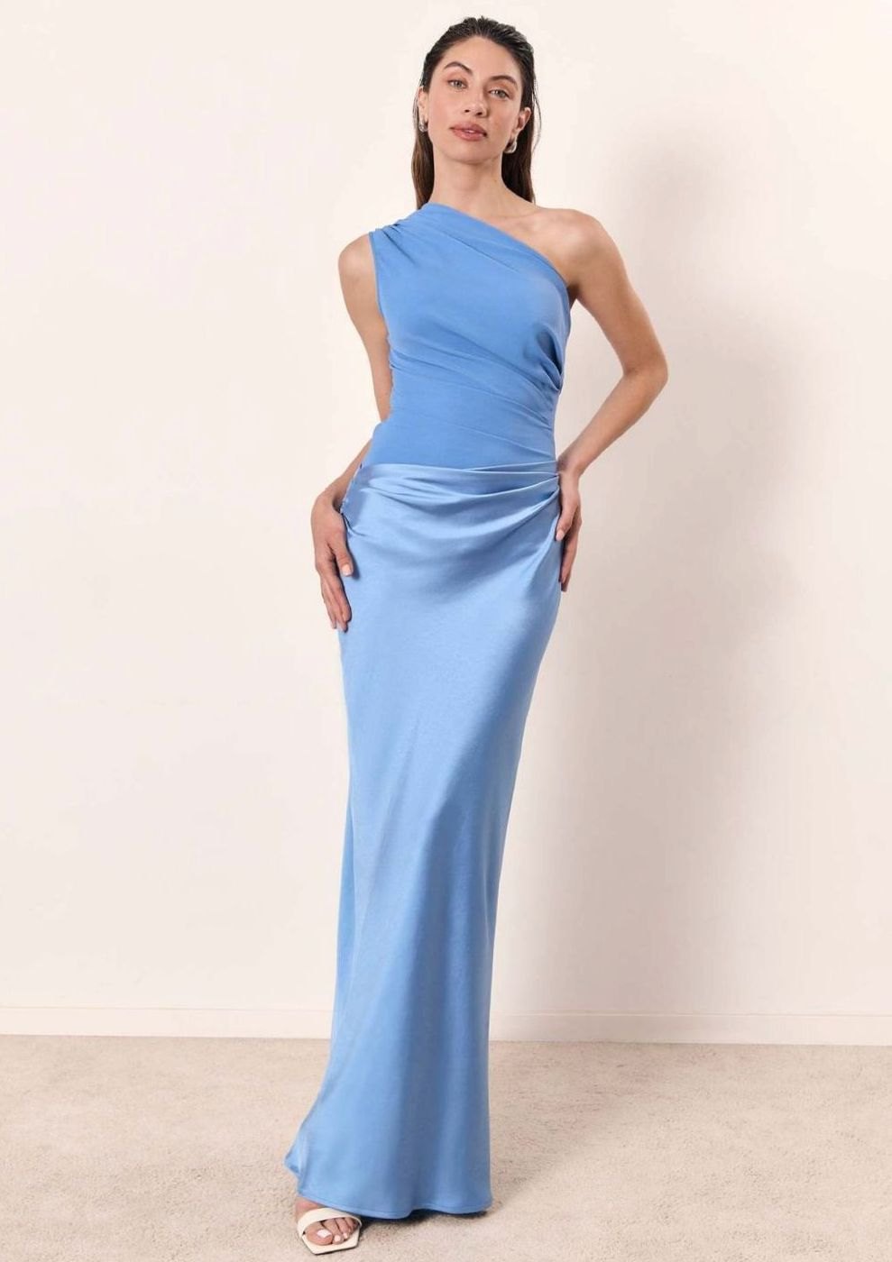 Women's Ruched One-Shoulder Faux Leather Evening Maxi Dress