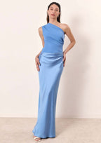 Women's Ruched One-Shoulder Faux Leather Evening Maxi Dress