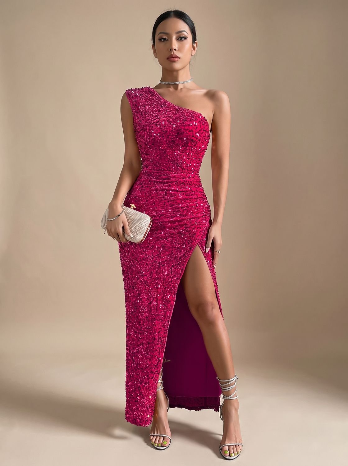 Women's One-Shoulder Sequin Maxi Gown with Thigh-High Split - Pink