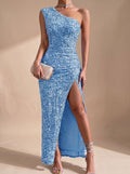 Women's One-Shoulder Sequin Maxi Gown with Thigh-High Split - Light Blue