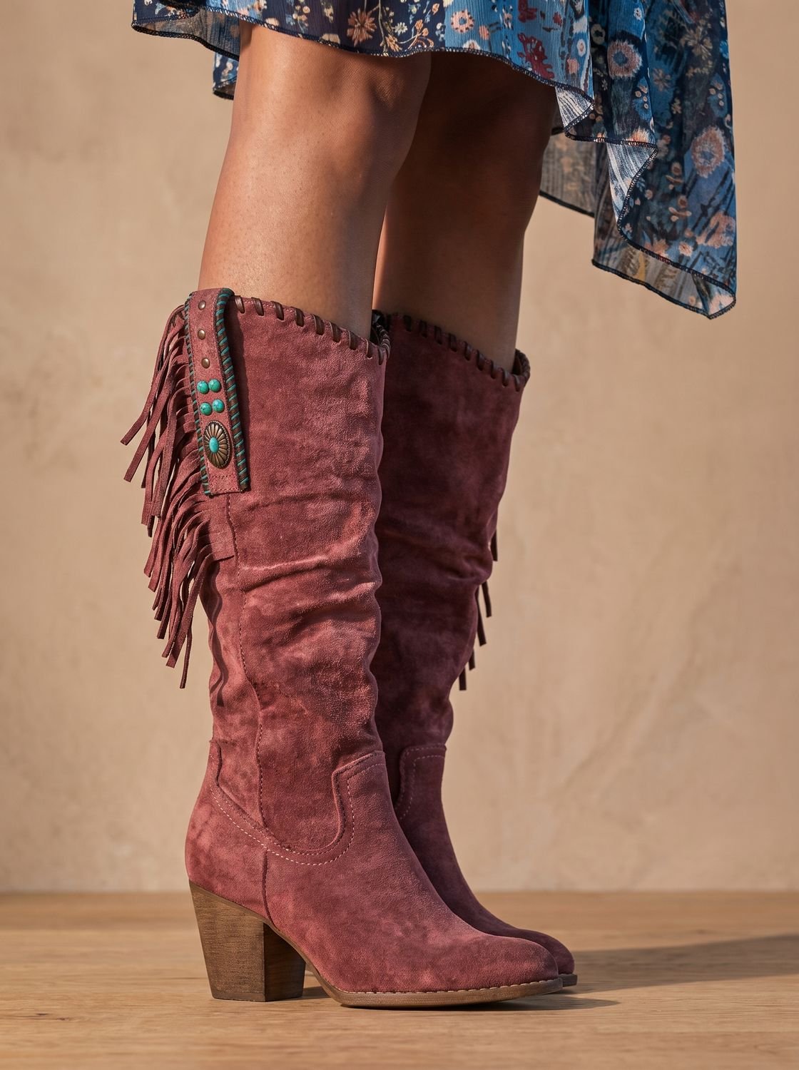 Women's Arch Support Western Boots with Whipstitch and Fringe Trim - Red