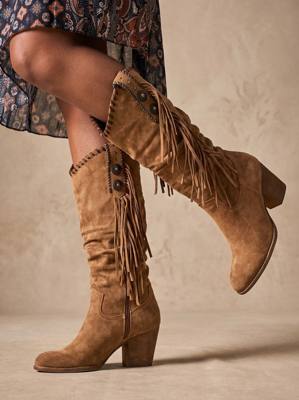 Women's Arch Support Western Boots with Whipstitch and Fringe Trim