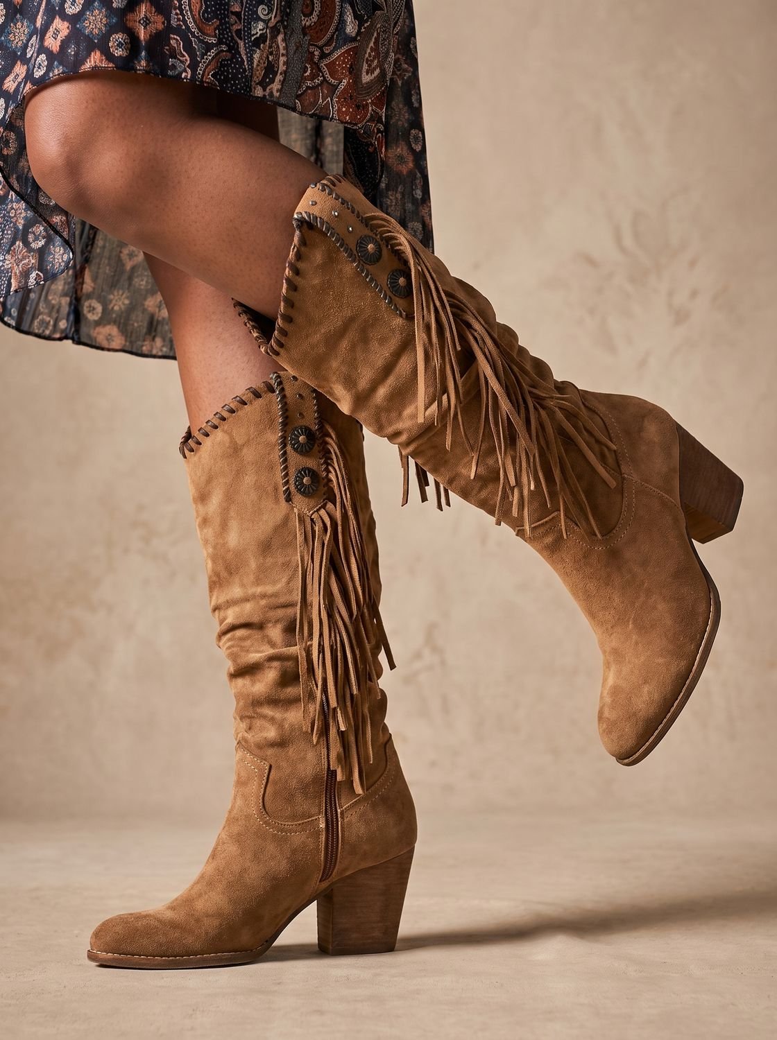 Women's Arch Support Western Boots with Whipstitch and Fringe Trim