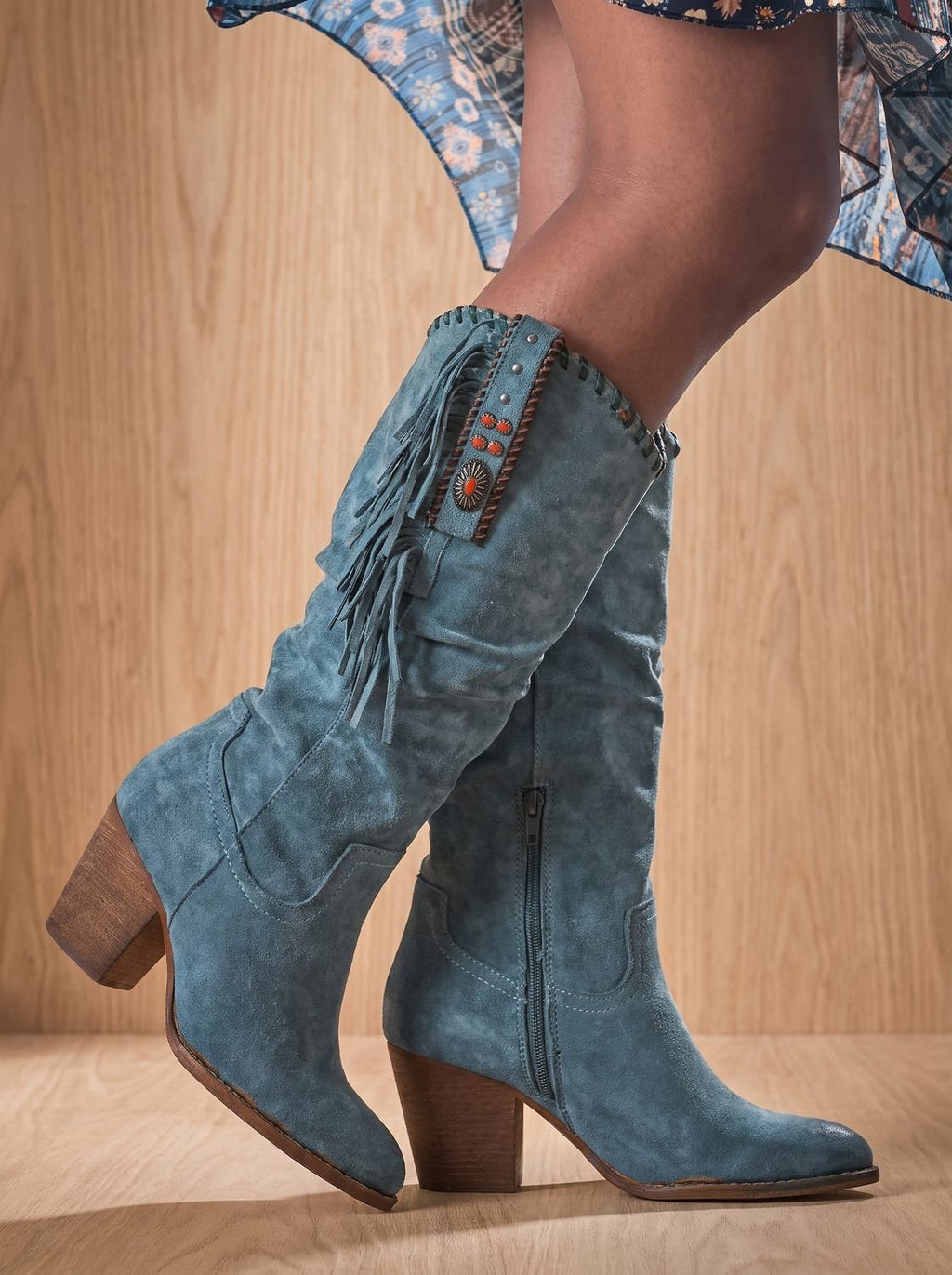 Women's Arch Support Western Boots with Whipstitch and Fringe Trim - Blue
