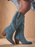 Women's Arch Support Western Boots with Whipstitch and Fringe Trim - Blue