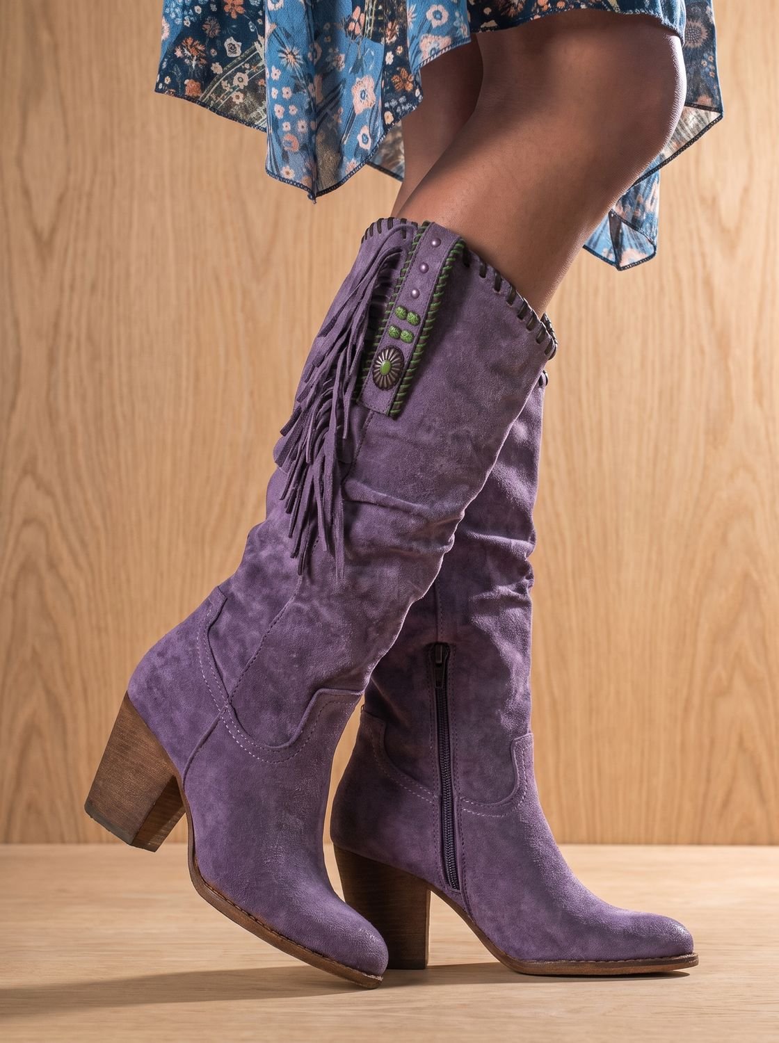 Women's Arch Support Western Boots with Whipstitch and Fringe Trim - Purple
