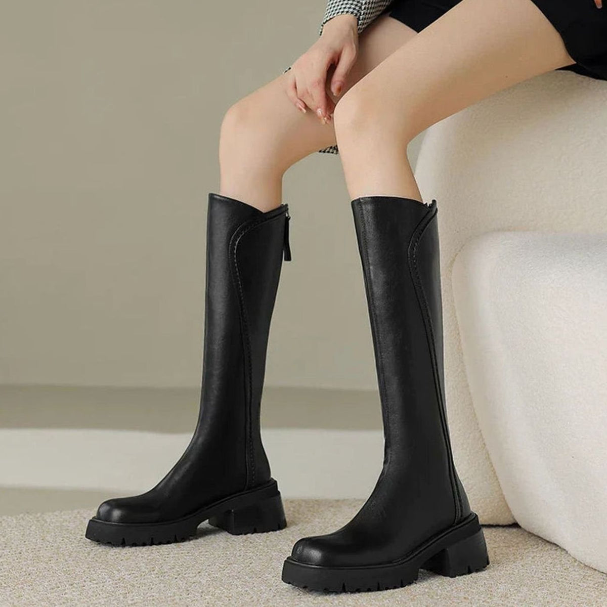 Women's Sleek Leather Lug-Sole Knee Boots with Orthopedic Cushioning - Black Fur