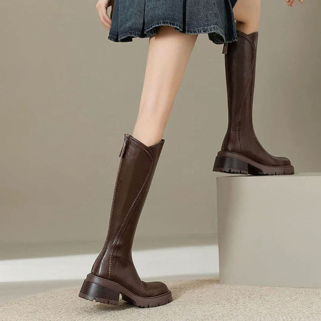 Women's Sleek Leather Lug-Sole Knee Boots with Orthopedic Cushioning - Brown Fur