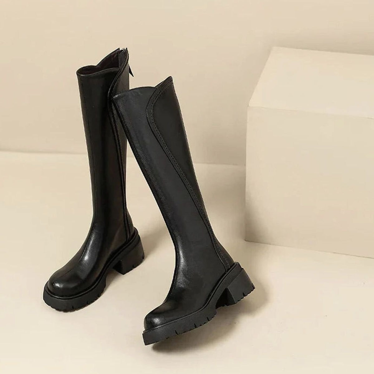 Women's Sleek Leather Lug-Sole Knee Boots with Orthopedic Cushioning - Black