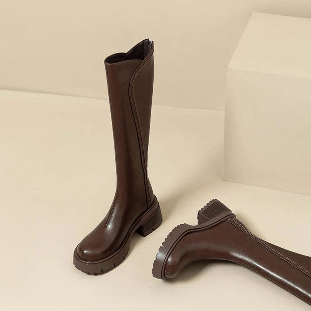 Women's Sleek Leather Lug-Sole Knee Boots with Orthopedic Cushioning - Brown