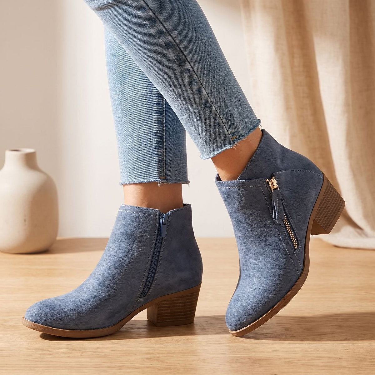 Women's Orthopedic Zip-Up Ankle Boots in Soft Suede-Look Finish - Blue