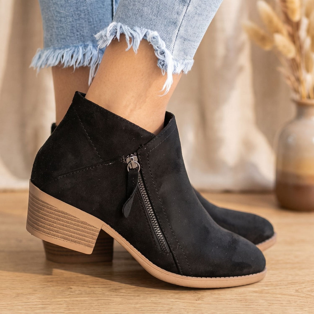 Women's Orthopedic Zip-Up Ankle Boots in Soft Suede-Look Finish - Black